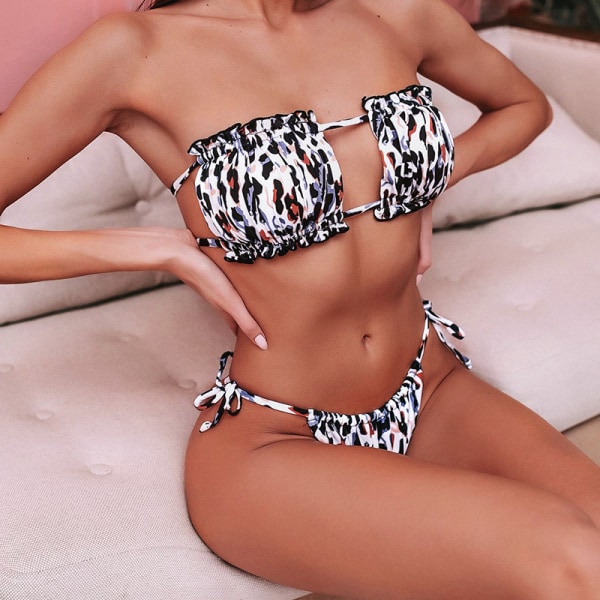 Baddräkt för kvinnor Sexig Bandeau Bikini Tie String sommar Tunn Beach Baddräkt m white leopard pattern