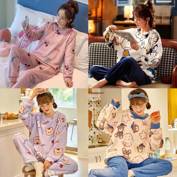 Vinterflanell Pyjamasset för kvinnor Söta långärmade nattkläder Comfy Pj l a