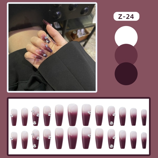 24st glansig falsk nagel med diamant lång lila falsk nagel för kvinnor och flickor glue models