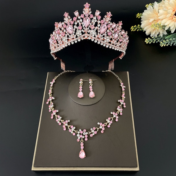 Smycken tre delar bröllop kronörhängen halsband klänning dekoration tillbehör 6