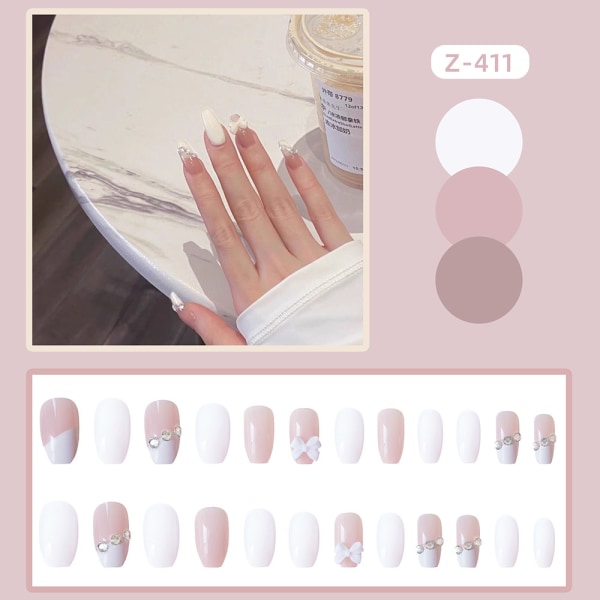 24st glänsande bärbar falsk nagel lång vit rosett falsk nagel för kvinnor och flickor jelly glue model