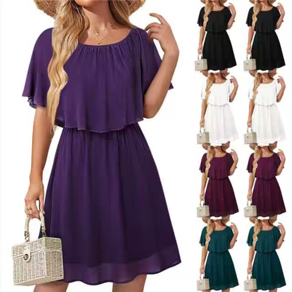 Capelet Sleeve Klänningar Fake Tvådelad Chiffong Kjol Mid Waist Sjal Klänning purple l