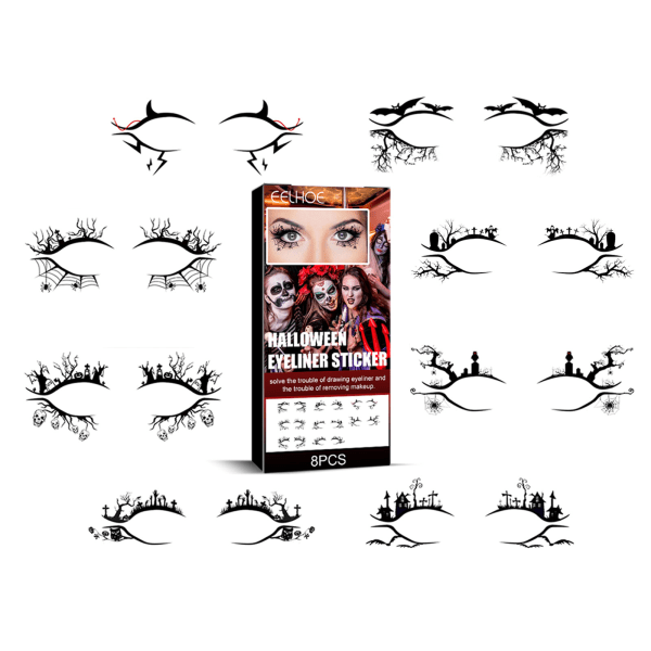 Halloween Eye Tattoo Stickers Temporary Skin Safe Spider Bat mönster för makeup set 8pcs