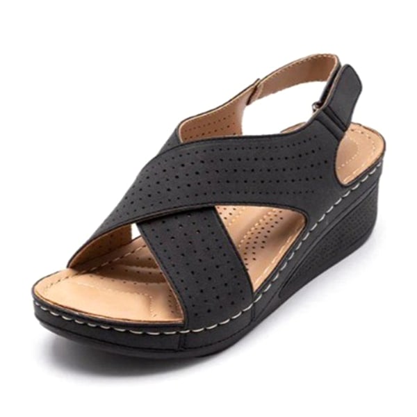 Ihåliga sandaler i PU-läder för kvinnor Halkfria Peep-Toe Casual sandaler för tygmatchning för festkläder 39 black