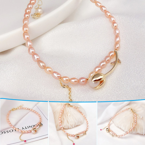 Sötvattenspärlor armband med tulpan form hänge Snygg smycken present för kvinnor flickor default