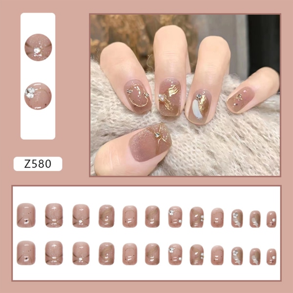 Champane korta runda falska naglar med slät och icke-kornig textur för fester datum bröllop bal jelly glue model