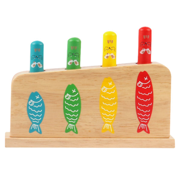 Trä Pop up Toy Cat Fish Pop Press and Release Leksak Pedagogisk Baby Sensorisk Montessori Toddler Lärande leksak Lämplig för one size