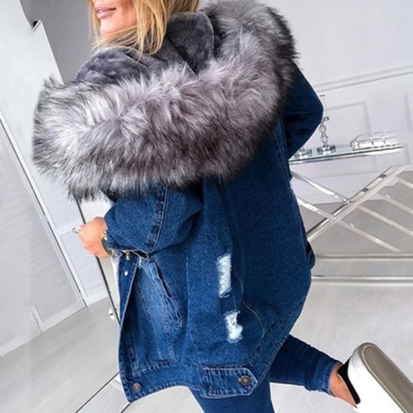 Snygg parka retro plyschkrage jeansjackor mode fleecefodrad varm mellanlängd blue 3xl