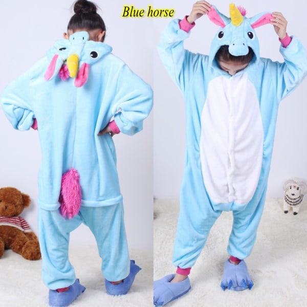 Barn Onesie Flanell Pyjamas Tecknad Djurfigur Kostym med Huva Vinter Hemdräkt för Fest Halloween Ny blue sky horse 130