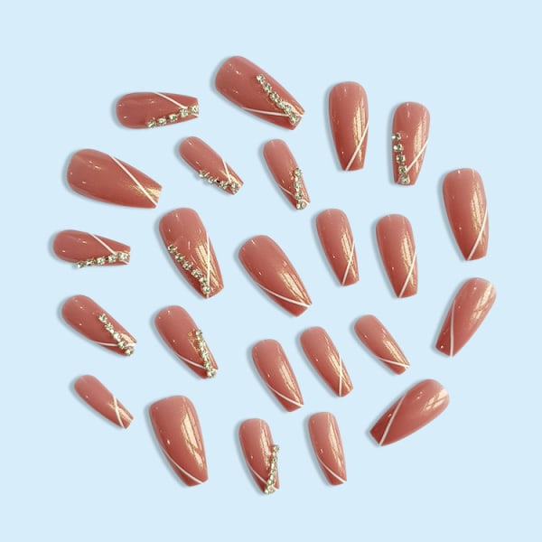 24PCS långa falska naglar med strass bestående fingernagel fransk stil för kvinnor jelly glue model