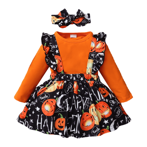 Halloween Ruffle långärmad tröja | Förtjusande Halloween-dräkt för nyfödd flicka | Rufsig långärmad pumpa Print Drop Jumpsuit 80