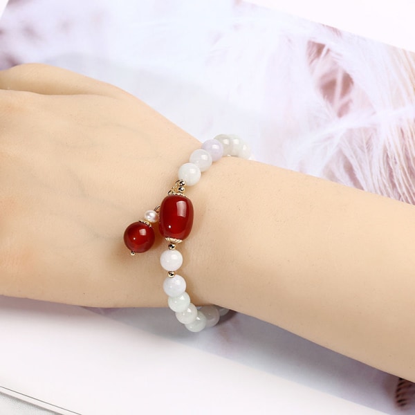 Naturlig Jade Stone & Agate Pearl Armband Elastisk handkedja smycken present för flickor kvinnor red