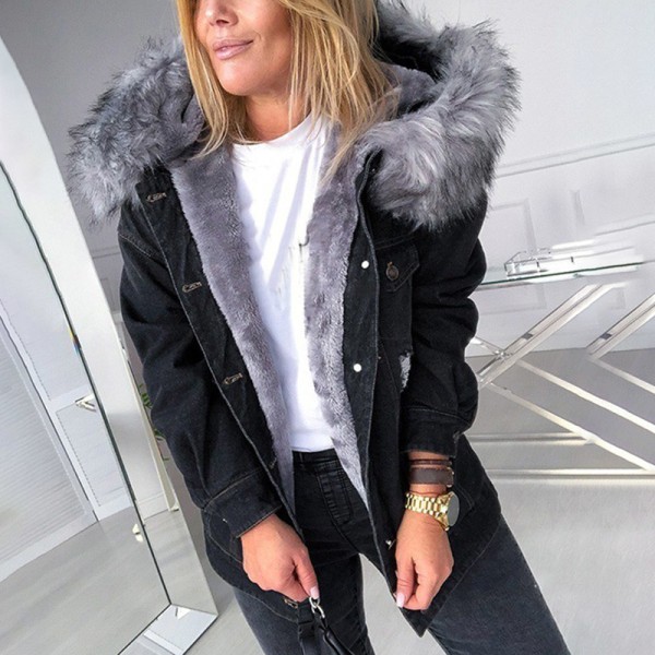 Snygg parka retro plyschkrage jeansjackor mode fleecefodrad varm mellanlängd gray l