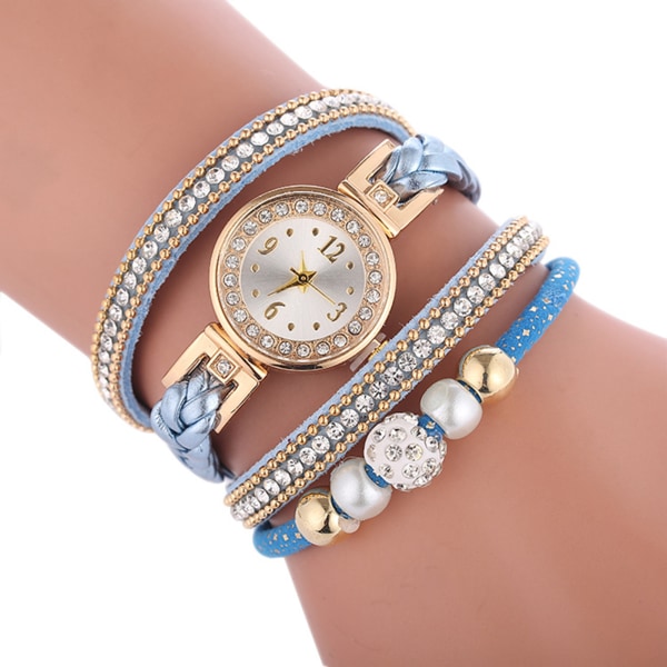 Mode Rhinestones Dam Quartz Watch Flerlagers Crystal Armband Armbandsur blue