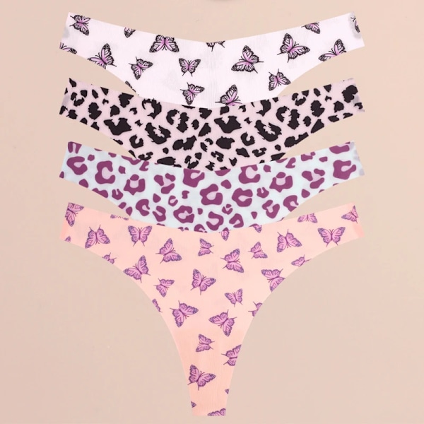 FINETOO 4 st Ultra Mjuka Trosor För Kvinnor Sexiga Grafiska Tryck Sömlösa Stringtrosor Kvinnliga Stretch Leopard G-string Bekväma Underkläder Style 2 M