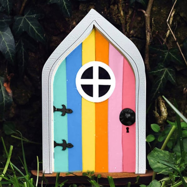 Trä älvdörr Färgglad Fairy House Door Kreativa miniatyrlandskapstillbehör för trädgård oval door yellow