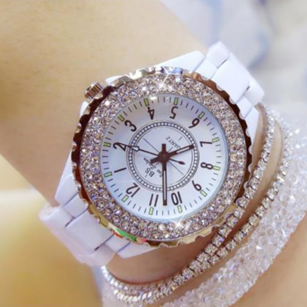 Kvinnors lyxiga watch Glittrande keramisk watch med urtavla i klart glas för brudar Wedding Dating Shopping white