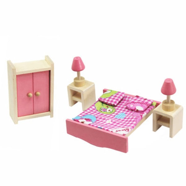 Trä Miniatyr Dollhouse Möbler Leksaker Set Sovrum Kök Middagsrum Badrum 8