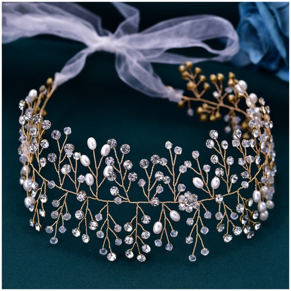 Bridal Strass-pannband med vit organza lyxiga håraccessoarer för bruden Brudtärna Prinsessans kostym gold