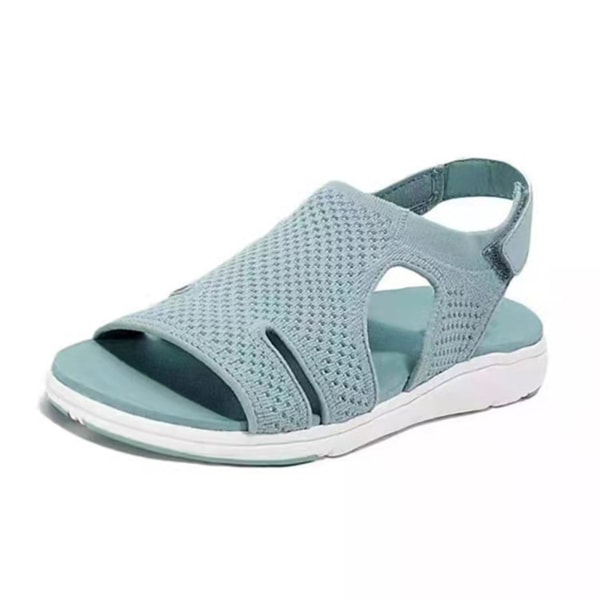 Dam sommar öppna tå sandaler andningsbara stickade skor kardborreband stängning light blue 37