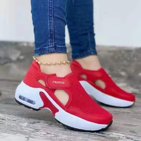 Sneakers damer Flygande vävda mesh -plattformssneaker för par snörning promenadskor Casual red 42