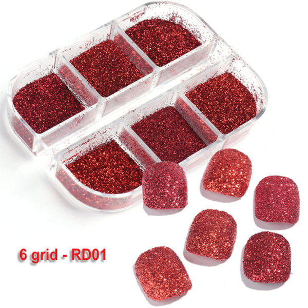 6 Grid Röd Färg Fin Glitter Nail Art Dekoration Färgglada Nageltillbehör för kvinnor 4