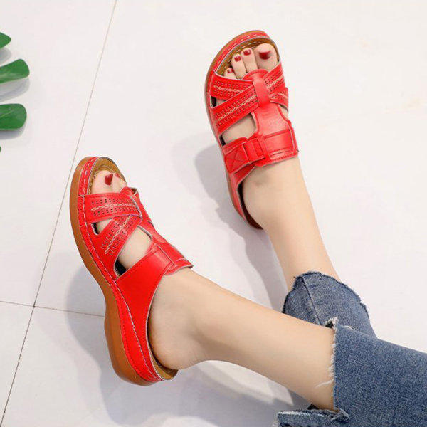 Magic klistermärke Röda lädersandaler Halkfria Peep-Toe Casual sandaler för shopping Körning Promenader 37 wine red