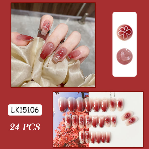 24st glansig gradient röd falsk nagel Söt blomma falsk nagel för kvinnor och flickor glue models