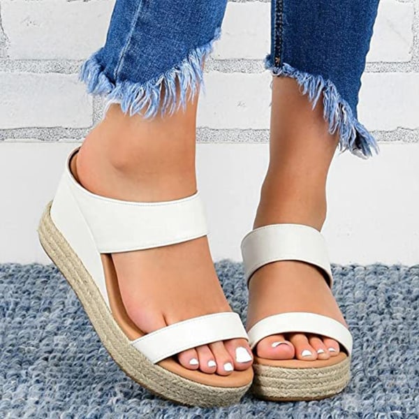 Sommarsandaler för kvinnor Enfärgad Ankel Spänne Sandal för Klänningar Jeans Kjolar Korta Byxor 40 white