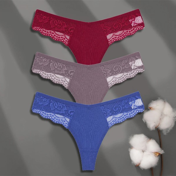 FINETOO 3-pack Dam Trosor i Bomull Spets Tanga Sexiga Enfärgade Låg Midja Bikini Underkläder Damer Andningsbara G-string Underkläder SET 11 XL