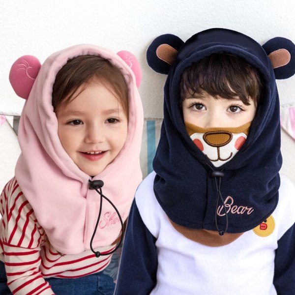 Children Winter Hat Scarf Earflaps One-Piece Cap With Cute Cartoon Animal Ears Warm light pink lamb s 48cm