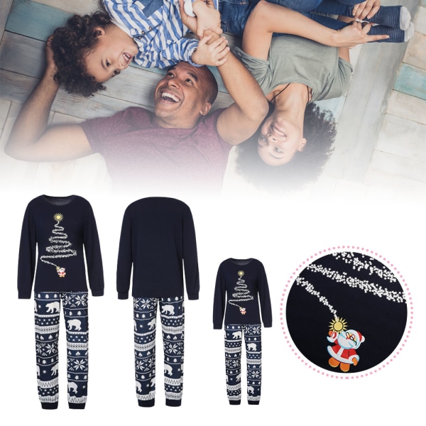 Julfamiljens semesterpyjamas matchande set trädtryck jultopp sovkläder navy blue mom m