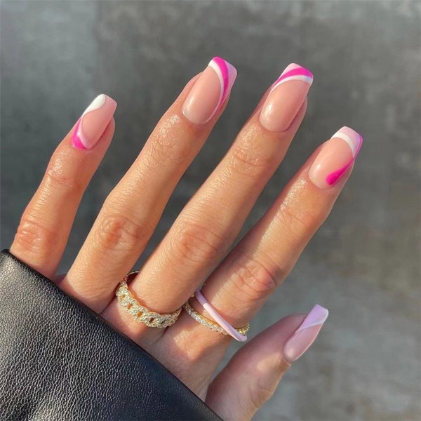 Fransk stil Rosa & Vit Patchwork Fake Nails Söta och charmiga Återanvändbara lösnaglar för professionell nail art jelly glue model