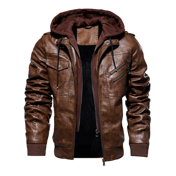 Herr PU Läder Ytterkläder Hoodie Motorcykel Coat Biker Style för höst och vinter varm kappa 3xl d