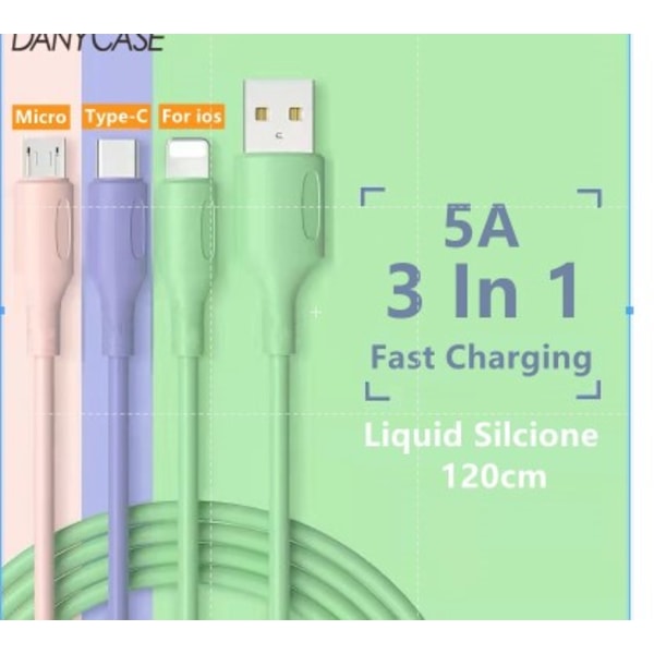 IPHONE 3 i 1 USB laddningskabel 5A flytande silikon Micro USB / Type-C snabbladdare a