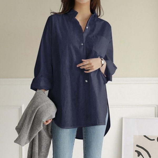 Casual långärmad tröja för kvinnor i enfärgad lös lapelskjorta för pendling och fritid navy blue 2xl