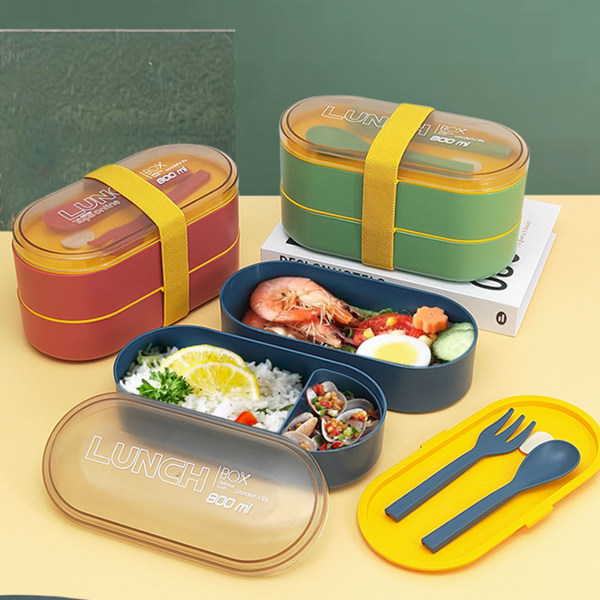 2-vånings Bento-lådor Behållare med porslin Självflyttbara fack Design Lunchbox för resande måltidsförberedelse red