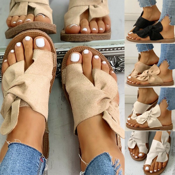 Kvinnor Bowknot Toe Ring Sandaler Dam Comfy Tofflor Sommar Slip On Flat Shoes beige 40