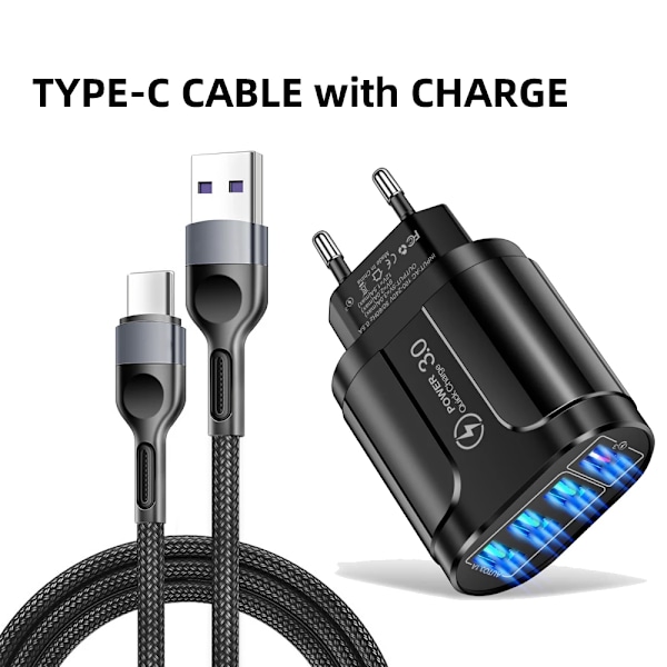 Vumpach 4 Portar USB Snabbladdare Quick Charge 3.0 48W Vägg Mobiltelefon Snabbladdning För iPhone Samsung Xiaomi Adapter Reseladdare EU Charger and Cable