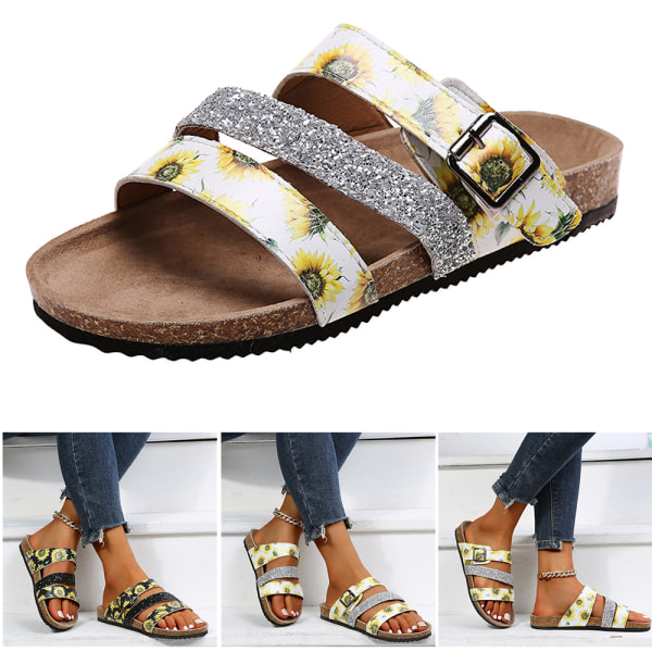 Kvinnors strandtofflor Strappy Flower Printed Summer Open Toe Slide Shoes white 37