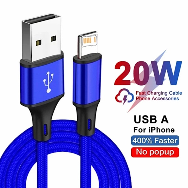 Nylonflätad snabbladdningskabel för iPhone 11 12 13 mini 14 Pro Max X XR X 6 6S 7 8 Plus SE Snabbladdning USB Data Sync-kablar Blue 1m