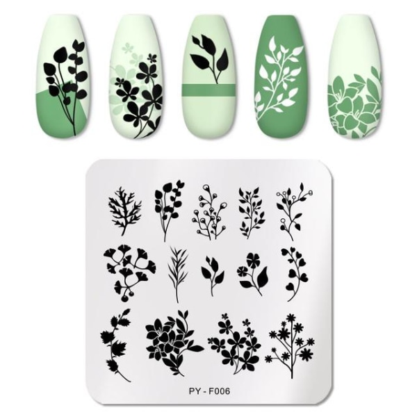 TILLBAKA DIG Blomma Nagelstämpelplåtar Lövstämpelmallar Geometriskt tryck DIY Design Stencilverktyg Nail Art Bildtavla py f006