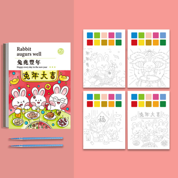 Söta kaniner målarböcker för barn bärbara akvarell målarböcker för pojke flicka present rabbit augurs well
