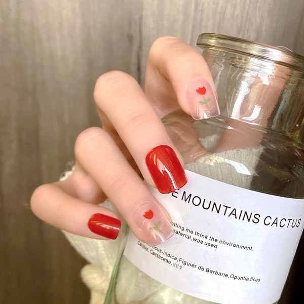 24st glänsande mild röd printed lösnagel Kort söt falsk nagel för kvinnor tjej glue models