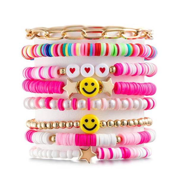 Set med 8 Polymer Clay Heishi armband Färgglada Boho Beaded Stapelbar Berlock pink