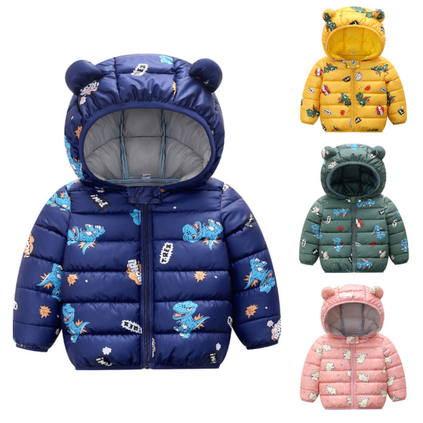 Kid's Winter Puffer Jacka printed kort kappa med Bear Ear Hood dragkedja pink 80cm