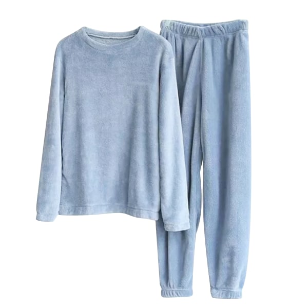 Enfärgad set för kvinnor Mjuk och varm Coral Fleece Pyjamas Elastisk fåll & midja Långa ärmar blue xl