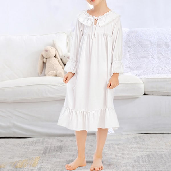 Kid Girl's Nattlinne Långärmad Spets Trim Sovkläder Volang Pyjamas Klänning white 140cm