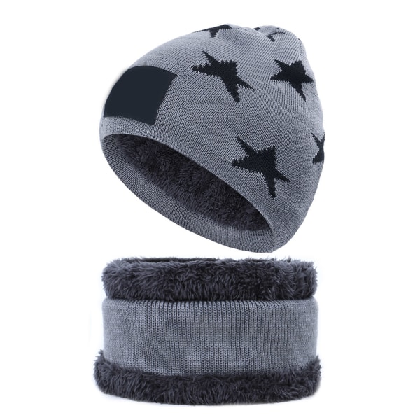 Vinterstickad mössa Halsvärmare halsduk Set med 2 st Ullfodrad cap för barn gray