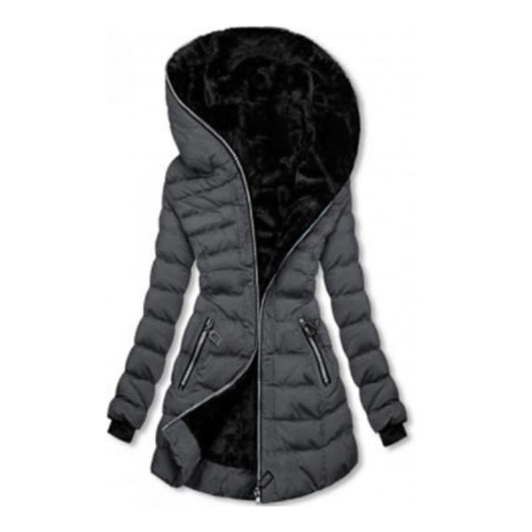 Vinterpufferjackor för damer Plyschfodrad medellång kappa med dragkedja och huva black xl